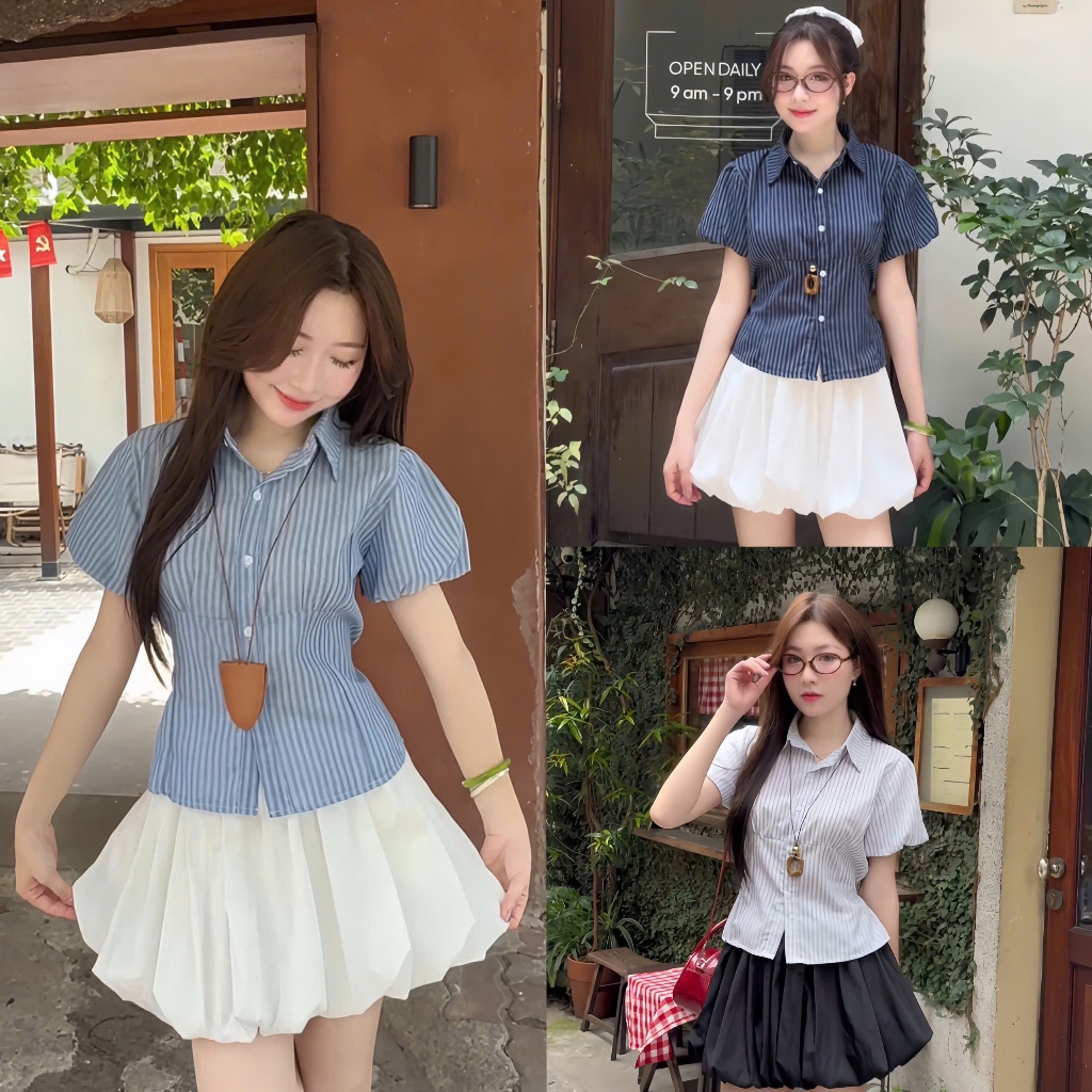 (Hàng 3 Size): Áo Sơ Mi 3 Màu Basic Tay Phồng Kẻ Sọc Thắt Eo Dễ Mix Đồ ,Phong Cách Cá Tính - Ảnh Thậ