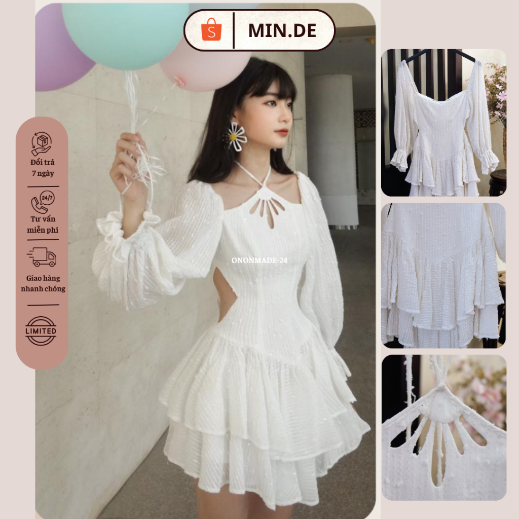 THANH LÝ - Đầm ONON MADE 2hand cúp ngực xếp tầng trắng  - Size M - Hàng hiệu đi tiệc ONONMADE-24