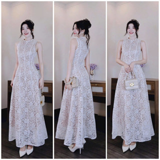  Đầm maxi dự tiệc sang trọng thời trang nữ chất ren 2 lớp cổ tròn không tay có mút có lót dáng váy chữ A dài maxi 