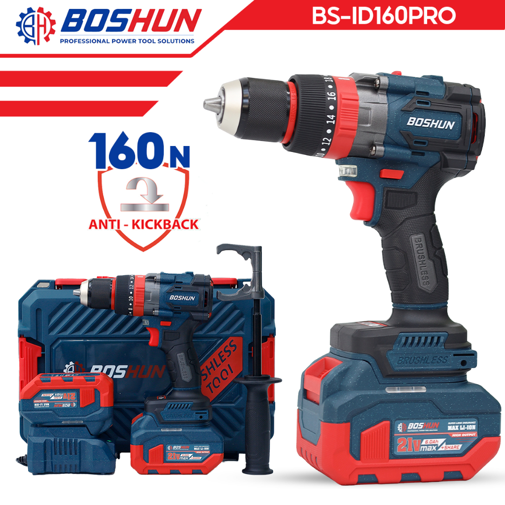 Máy Khoan Pin Boshun BS-160PRO 100% Lõi đồng, 3 chức năng, Motor 775, đầu Auto Lock