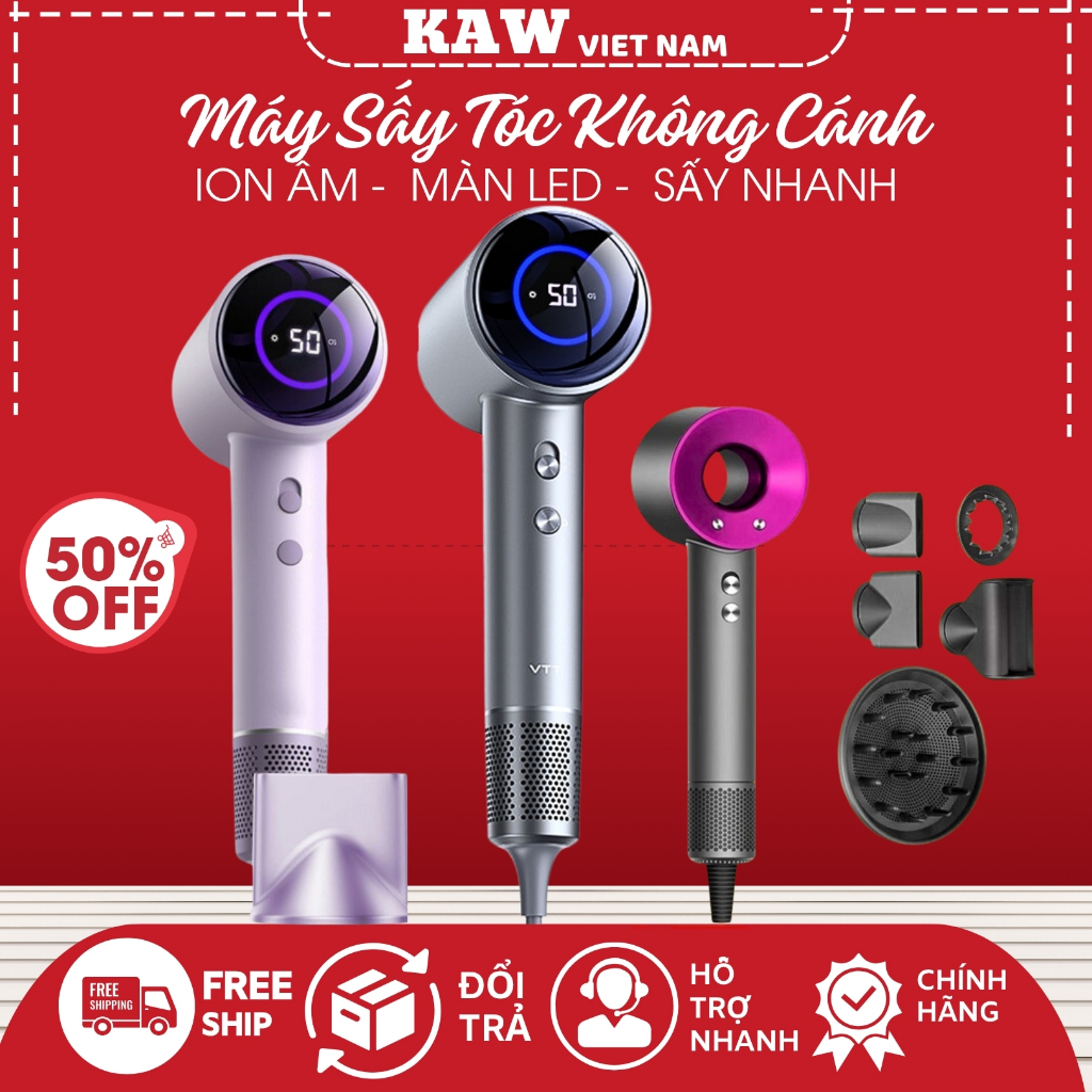 Máy Sấy Tóc Không Cánh ION Âm KAW Bảo Vệ Tóc, Khô Nhanh, Màn Hình Hiển Thị Nhiệt Độ Thông Minh