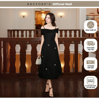  BBSTORE’S Đầm Dài Dự Tiệc 2 Dây Trễ Vai Phối Nơ Đá Sang Trọng - D3054 