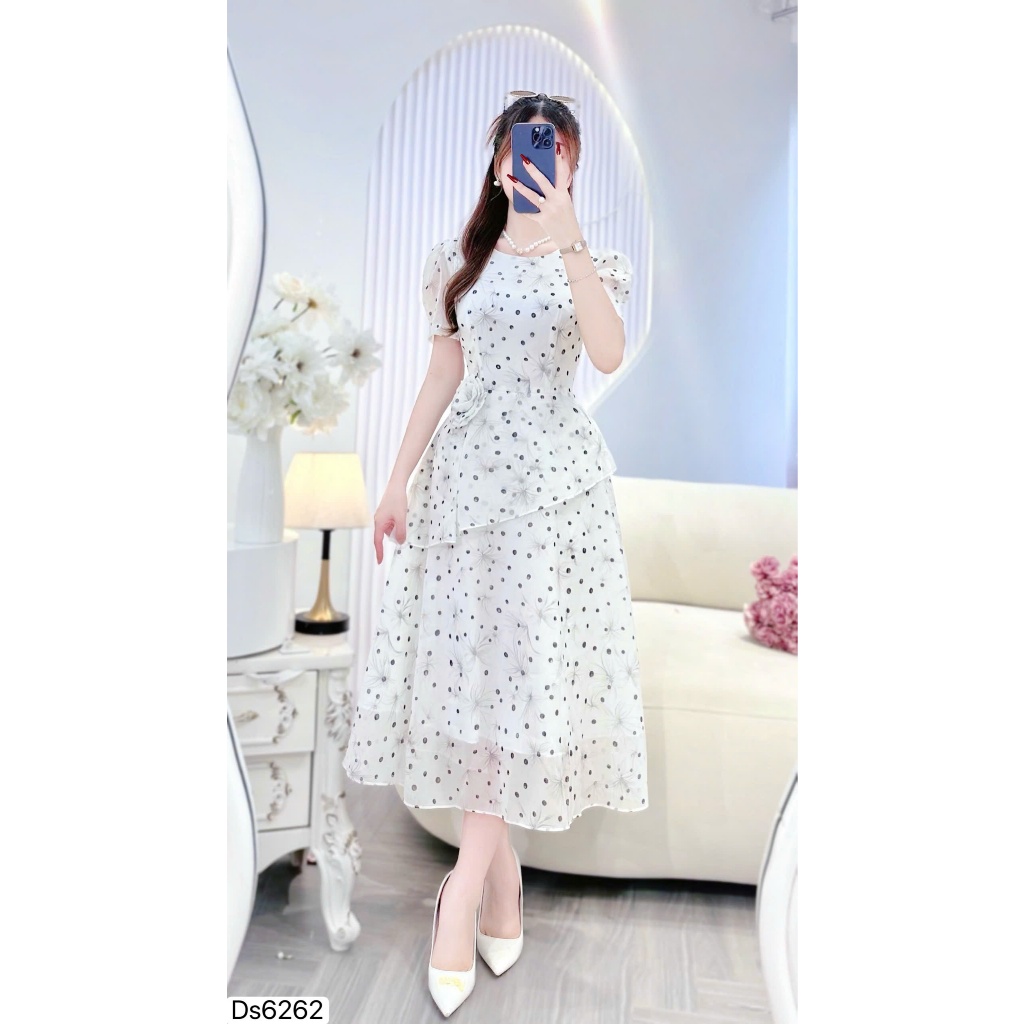 DS6262 - Váy Tơ Trắng Dáng Xòe Chấm Bi, Tag Hoa Eo -  Dolce Viva Colection (DVC/ACC)