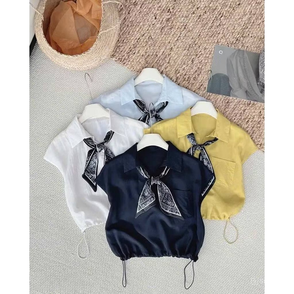 Áo Sơ Mi Kiểu Nữ FMSTYLE Thiết Kế sát nách croptop dây rút kèm khăn thời thượng Freesizze 25070643