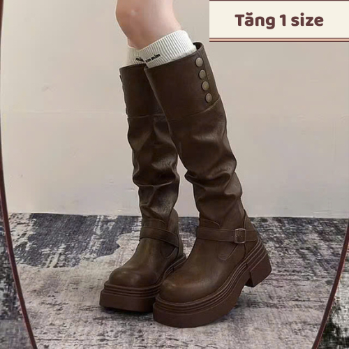 [Sẵn + Hoả tốc] Naii.order | Giày bốt đùi nữ đế cao mũi vuông da trơn đính khóa kim loại phong cách cao bồi G10