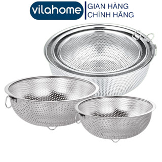 Rổ Inox Cao Cấp Vilahome, Mắt Lỗ 2mm Có Chân Đế Rửa Rau Củ, Vo Gạo, Đựng Hoa Quả