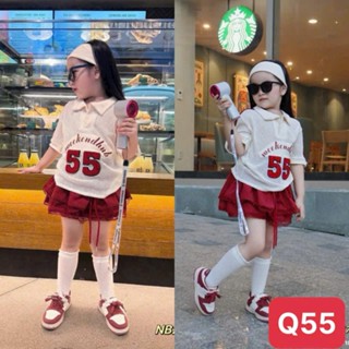   8-35Kg  Set Áo Lưới cổ Sơ Mi tay sọc viền số 55 chân váy Đỏ xếp tầng pha ren cho bé gái  QiQi Q55  