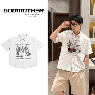 Áo Sơ Mi Cộc Tay Họa Tiết GODMOTHER Áo Sơ Mi Kẻ Sọc Phong Cách Retro Kiểu Dáng Cổ Điển Trẻ Trung