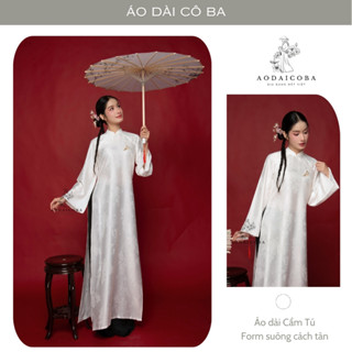 Áo Dài Cách Tân Nữ Dáng Suông Cẩm Tú Cổ Cao Chất Gấm Tay Dài Họa Tiết Thêu Chim Hạc Nổi - Áo Dài Cô Ba