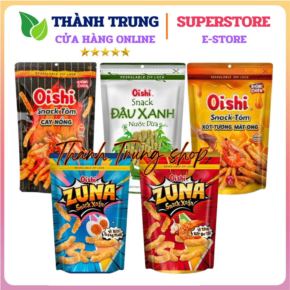 Combo 10 gói Snack Oishi size lớn 65g - Tôm Cay nồng, Tôm sốt tương mật, Đậu xanh nước cốt dừa, Zuna