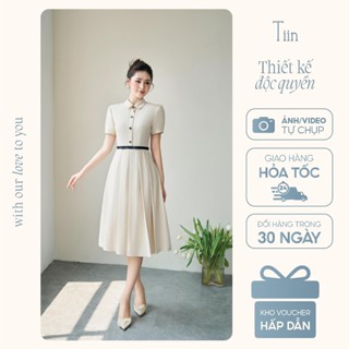 Váy đầm thiết kế nữ TIINSTORE cổ sen đính khuy sang chảnh kèm đai eo nơ thời trang công sở VHN1047