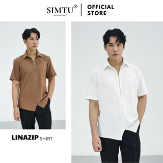  Áo sơ mi nam màu nâu và trắng tay ngắn SIMTU điểm nhấn xếp li và dây khoá kéo vải cotton thoáng mát | SM049-50 