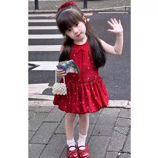  Váy đỏ hoa nhí kèm dây buộc tóc bé gái 