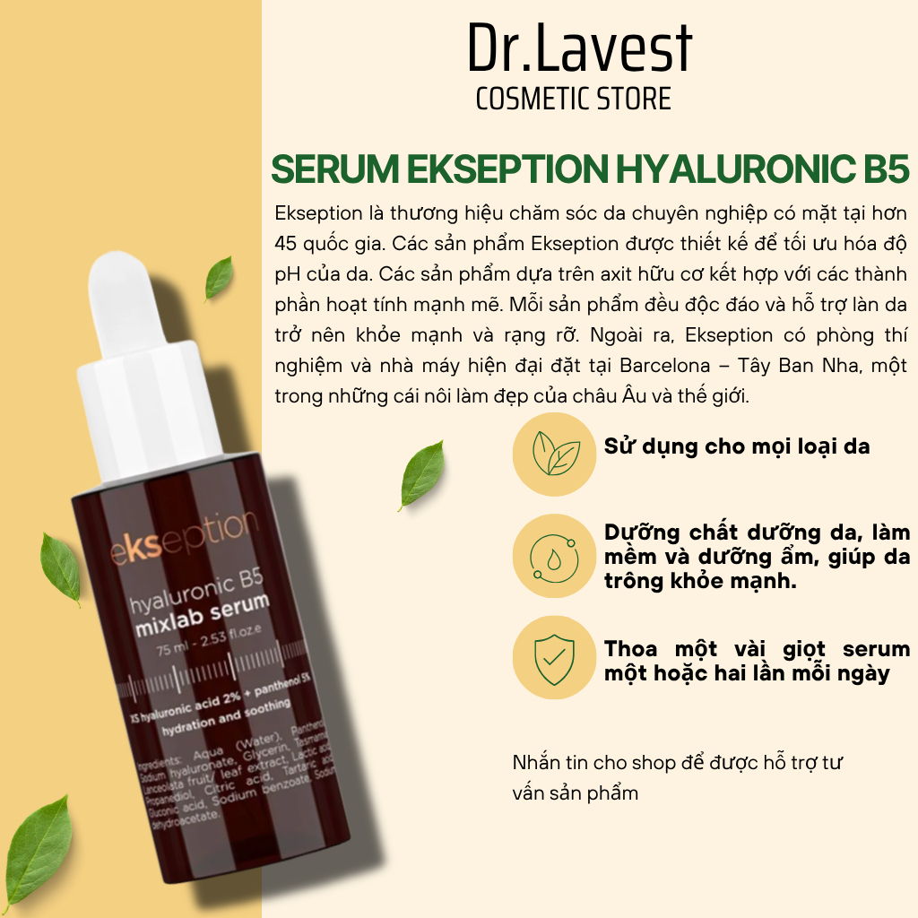 Serum Ekseption Hyaluronic B5, HA + 5% B5 Dưỡng Ẩm Phục Hồi Da 75ml