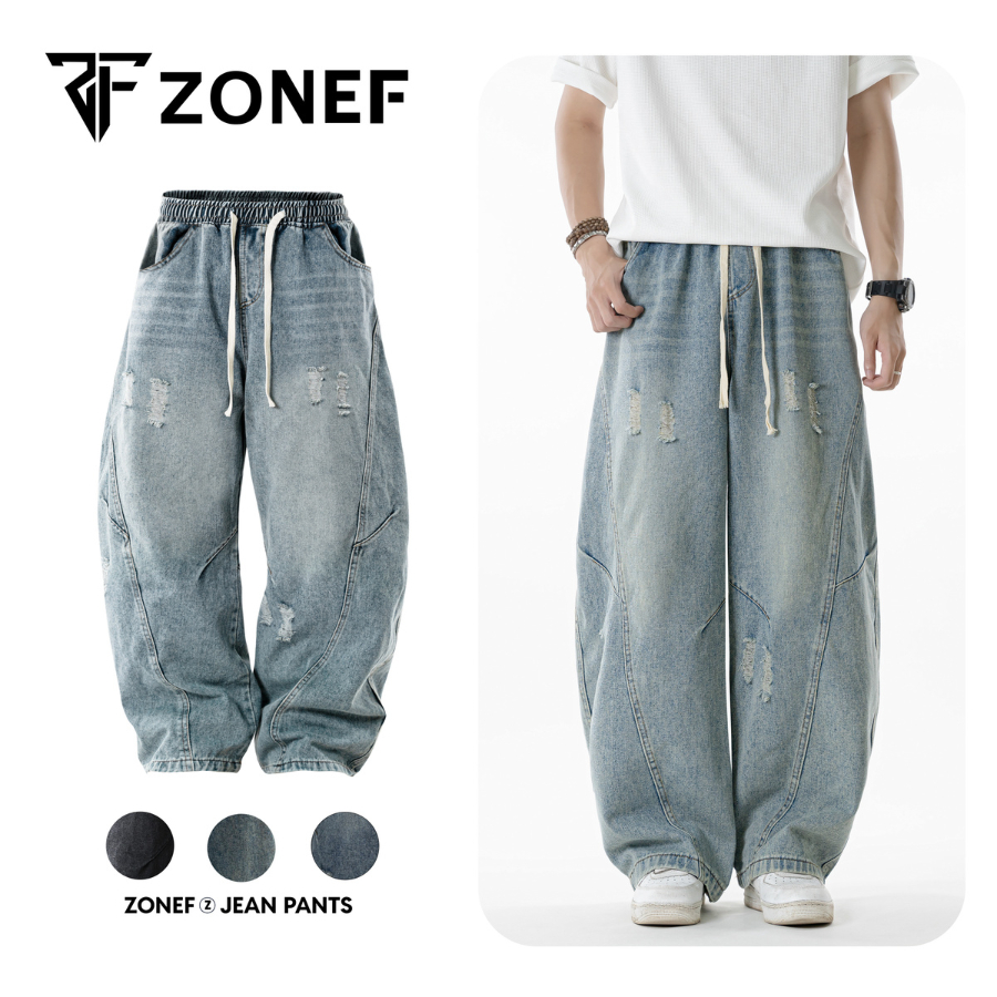 Quần Jean Ống Cong Form Rộng Retro Cạp Chun Dây Rút By ZONEF STUDIO, Jean Wash Ống Rộng Unisex Phong