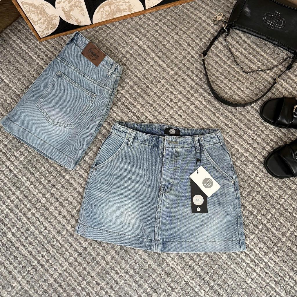 YURI JEANS - Chân Váy Jeans Nữ Màu Xanh Phối Túi Xéo