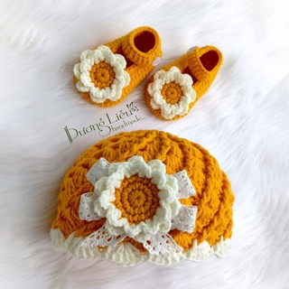 Set nón giày đính hoa len cho bé (size từ 1 đến 12 tháng) - Dương liễu handmade