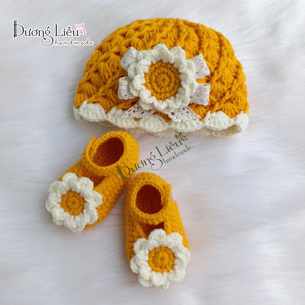 Set nón giày đính hoa len cho bé (size từ 1 đến 12 tháng) - Dương liễu handmade