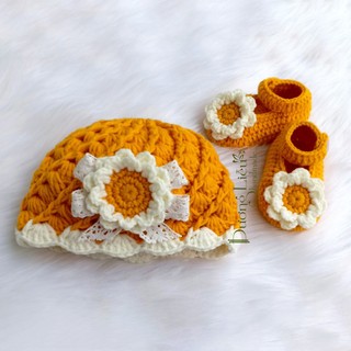Set nón giày đính hoa len cho bé (size từ 1 đến 12 tháng) - Dương liễu handmade