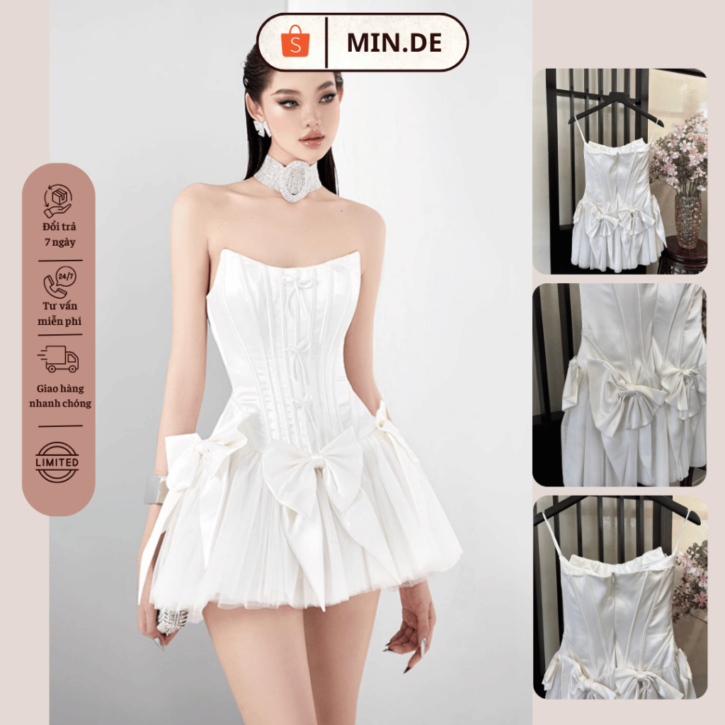 THANH LÝ MỚI - Đầm MAEL FEMME 2hand ngắn cúp ngực đính nơ trắng - Size M - Hàng hiệu đi tiệc MF-294
