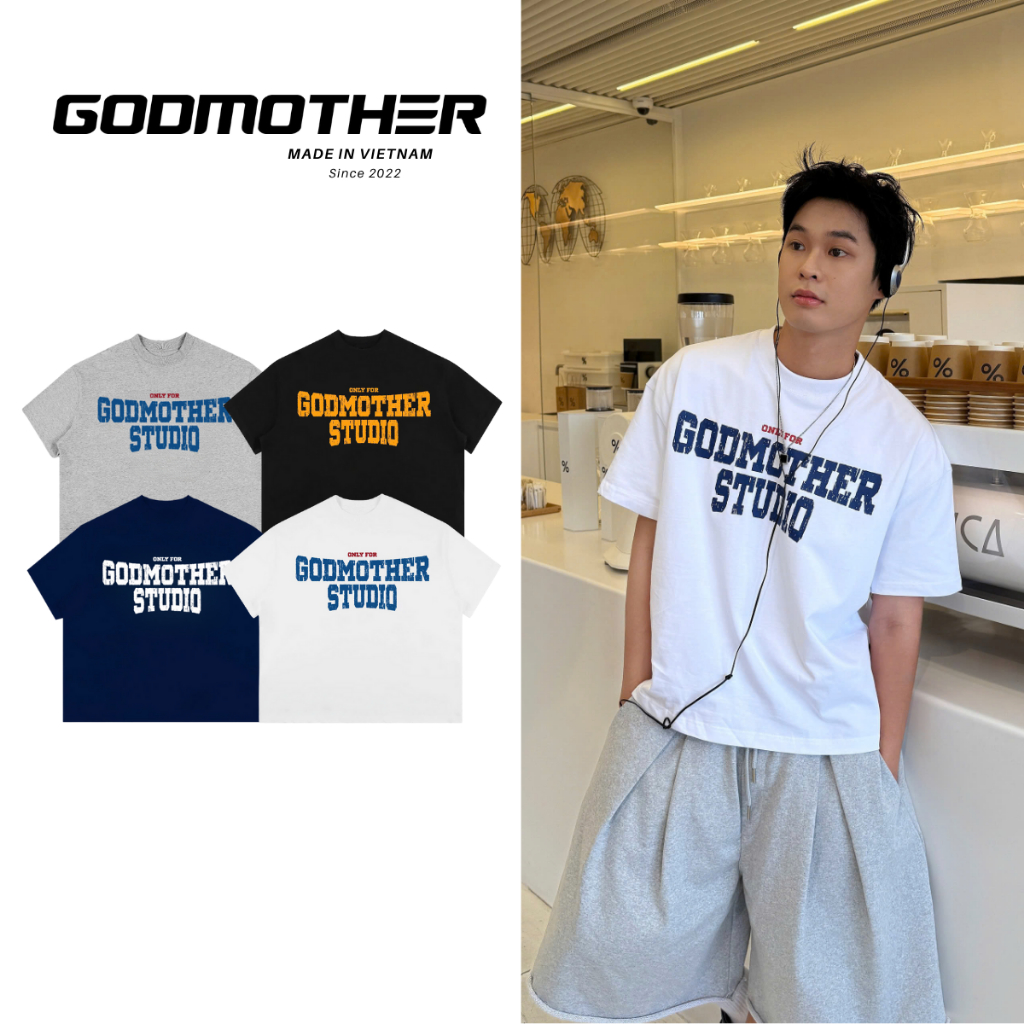 Áo Thun Form Boxy GODMOTHER STUDIO Áo In Chữ Unisex Phong Đường Phố Menswear