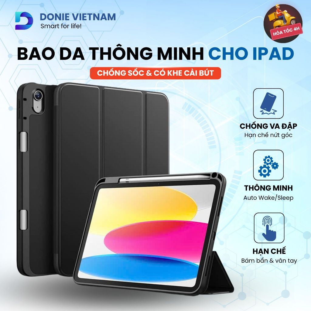 Bao Da Thông Minh Cho Ipad Phiên Bản Có Khay Đựng Bút Chính Hãng Donie 100% Viền Silicon P01