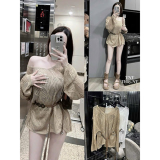 LT - Áo len lưới nữ lệch vai dài tay, kèm đai, chất len giấy mỏng mát mặc hè thu fom dài 1174