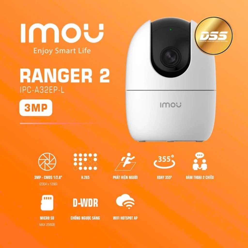 Camera IMOU RANGER 2, đàm thoại 2 chiều xoay 360 độ, đẽ dang cài đặt, độ nét 2k