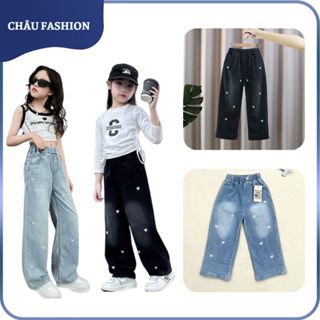 Quần Jean Ống Suông Bé Gái 14 - 45Kg Thêu Tim Nhỏ Quần Bò Ống Rộng Mềm Mại Có BigSize Châu Fashion Kids QD1