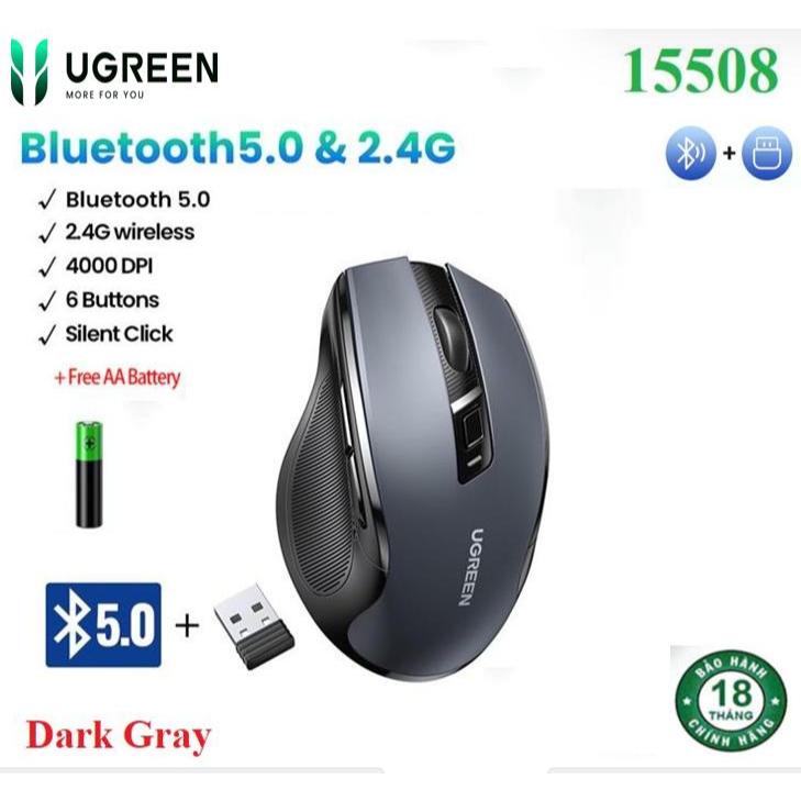Chuột Không Dây Ugreen 15508 MU006 (6 nút im lặng,4000dpi 2.4Ghz,Wireless + Bluetooth 5.0)