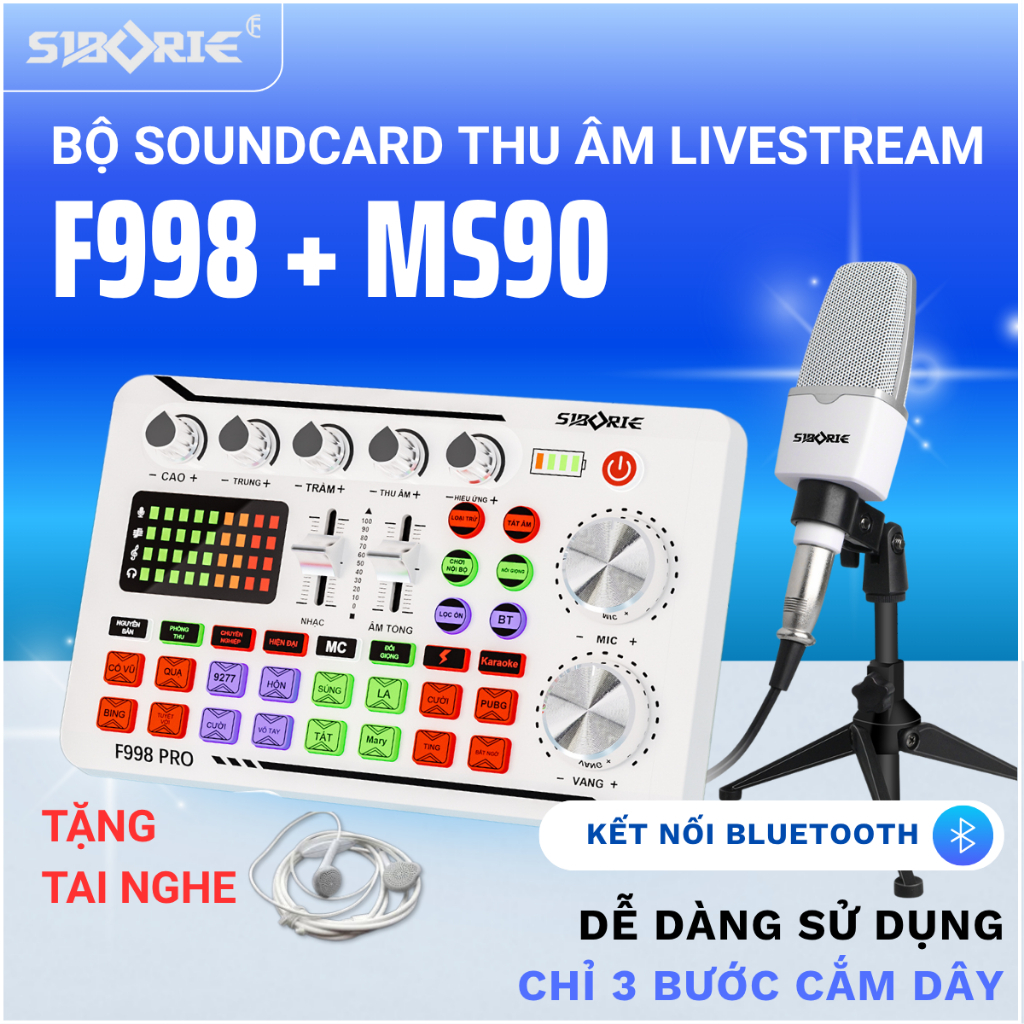 [Tặng Tai Nghe] Bộ Soundcard SIBORIE F998 + Mic MS90- Card Âm Thanh Dễ Dùng Cho Thu Âm Livestream