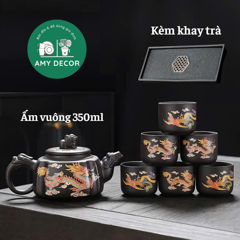 Bộ ấm trà tử sa, gốm tử sa đổi màu, ấm vuông dung tích 350ml, chén đổi màu, khay trà tiện lợi