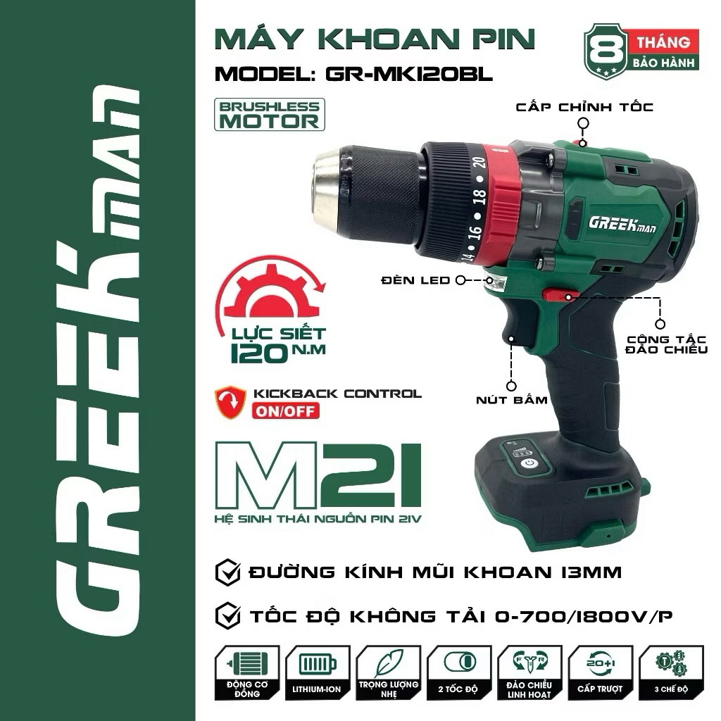 Máy Khoan Pin GREEKMAN GR-MK120BL Không Chổi Than Lực 120Nm ,Chống Lật Cổ Tay, Có Antikickback