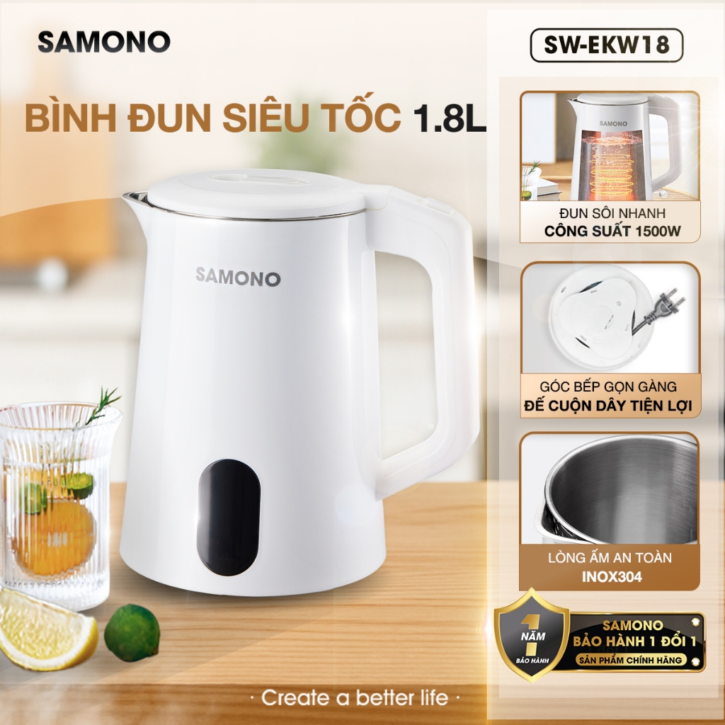 (BH 1 Năm)  Ấm đun nước SAMONO SW-EKW18 thông minh 1.8L 1500W 2 lớp chịu nhiệt dễ dàng vệ sinh Sạch 