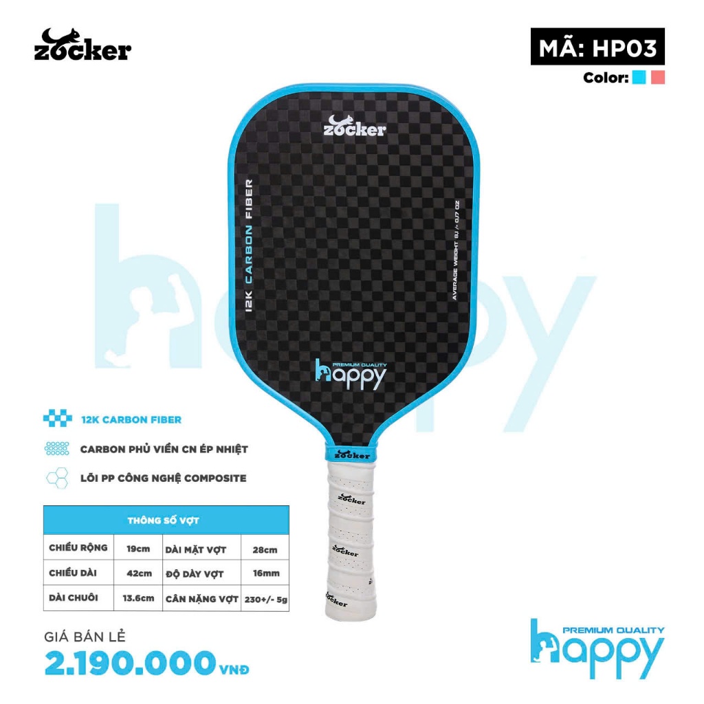 Vợt Pickleball Zocker HP3 Happy HP03 Premium Quality tập luyện thi đấu nam nữ siêu nhẹ bền đẹp tốt