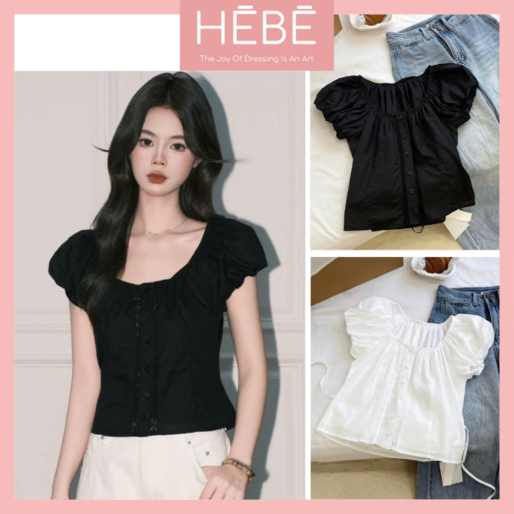  Áo sơ mi nữ BabyTee vải thô phối ren điệu đà nữ tính Áo sơ mi nữ tay bồng kèm dây thắt eo tôn dáng thời trang HEBE 