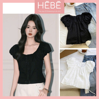 Áo sơ mi nữ BabyTee vải thô phối ren điệu đà nữ tính, Áo sơ mi nữ tay bồng kèm dây thắt eo tôn dáng thời trang HEBE