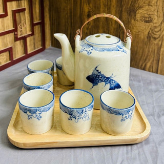 Ấm tích pha trà xanh, bộ ấm hãm chè sứ Bát tràng men tiêu vẽ cá phong cách Nhật Bản dung tích 700ml