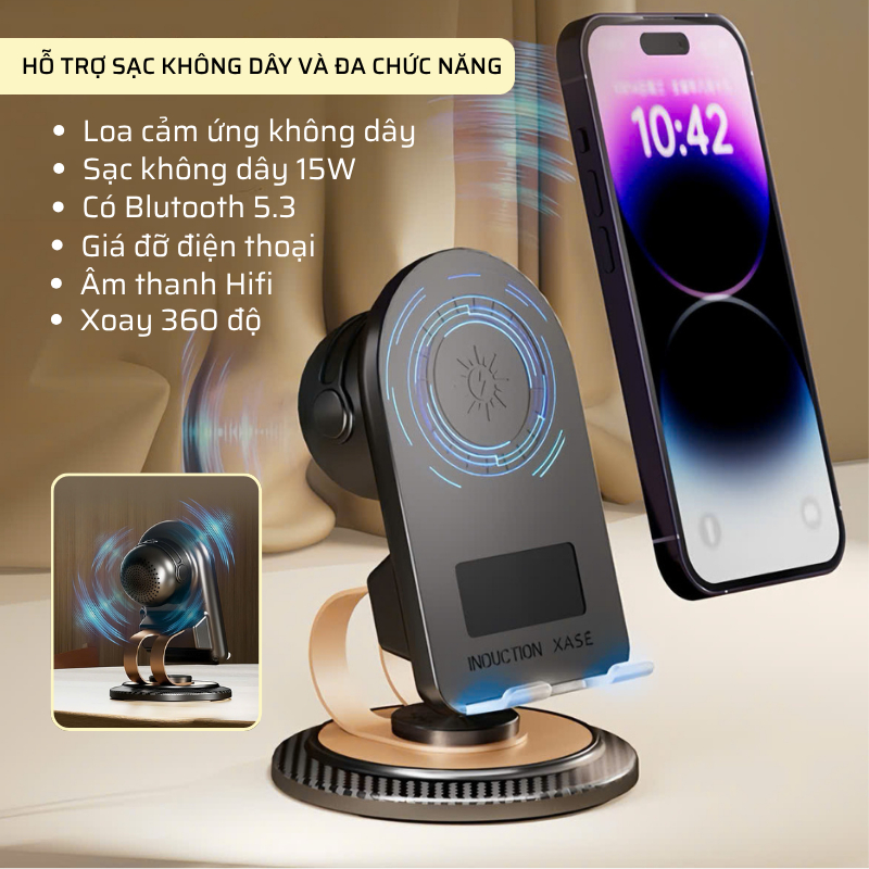 Loa Cảm Ứng Khuếch Đại Âm Thanh Đa Năng - Giá Đỡ Xoay 360 Độ/Bluetooth 5.3/Sạc Không Dây 15W