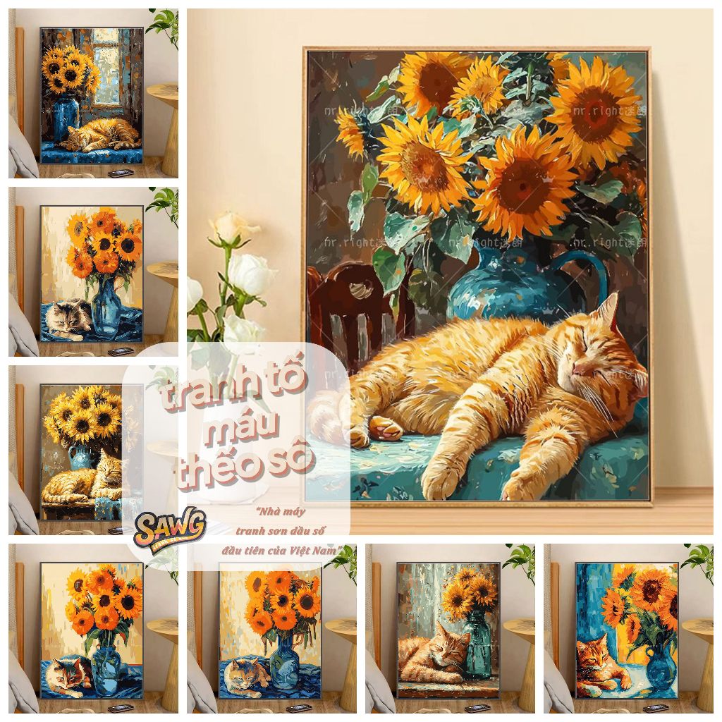 Sawg-căng khung-40*50-Mèo Van Gogh-tranh tô màu theo số-tranh số hoá-tranh tô màu số hoá-tô tranh số