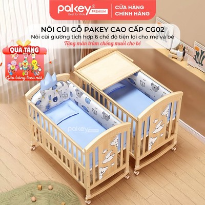 Nôi Cũi Gỗ PAKEY Cao Cấp Tích Hợp 6 Chế Độ Tiện Lợi, Cũi Gỗ Thông Tự Nhiên Không Sơn An Toàn Cho Bé CG02