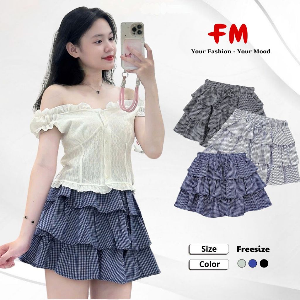 Chân Váy Ngắn Kiểu FMSTYLE Dáng Xoè Caro 3 Tâng Dây Rút dễ thương không kén dáng Freesize  25050918