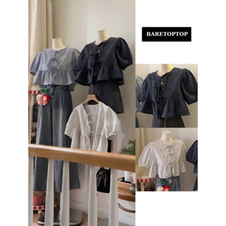 BARETOPTOP_(Tặng kèm áo 2 dây) Áo Babydoll Kẻ Buộc Nơ Tay Phồng, Áo Kiểu Nữ Tay Bồng_A523