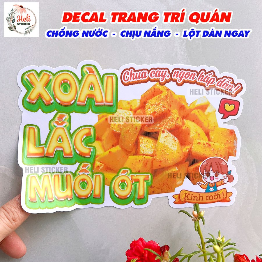 Decal Dán XOÀI LẮC MUỐI ỚT, Hình Ép Plastic Trang Trí Quán Ăn, Cà Phê, Trà Sữa - Chất Liệu Tốt, Chốn