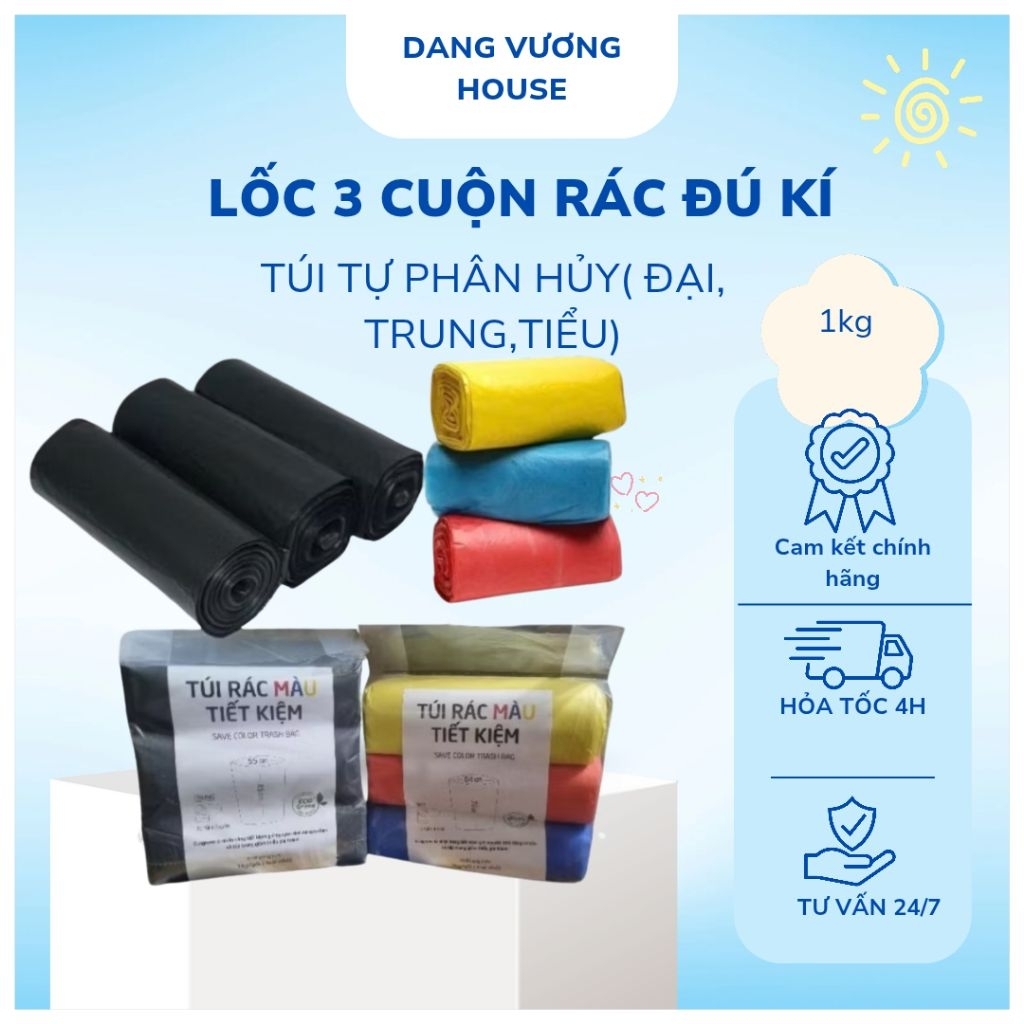 Lô 3 cuộn túi rác màu (1kg) túi đựng rác sinh học tự phân hủy, túi rác dai, dày dặn chịu đc nước sôi. Túi đựng rác