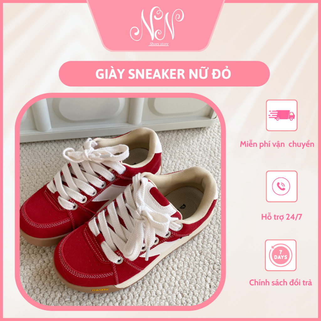 Giày Thể Thao Nữ Nam Unisex Đỏ Trắng Cổ Điển Retro Sneaker Đế Cao Su Chống Trơn Phong Cách Hàn Quốc