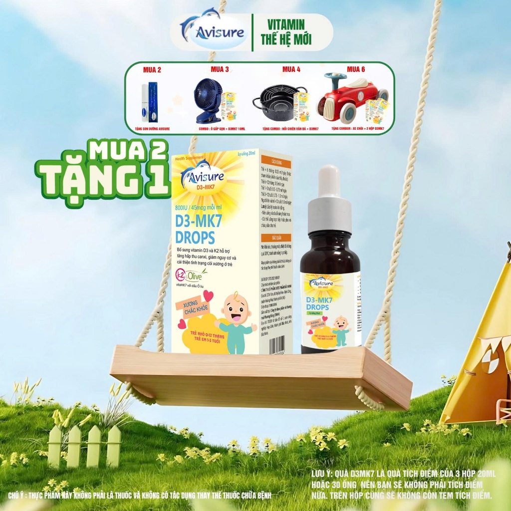 Vitamin D3 K2 tinh khiết Italia Avisure D3MK7 hấp thụ canxi tăng chiều cao hiệu quả cho bé 20ml