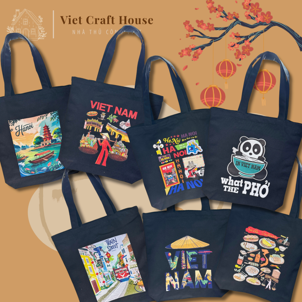 Túi Tote canvas đen - Túi TOTE họa tiết Việt Nam màu đen- Túi vải đeo phong cách thời trang đựng đồ