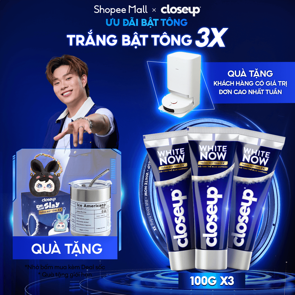Combo 3 Kem đánh răng Closeup White Now - Trắng Bật Tông 3X TỨC THÌ với Công nghệ Ánh Sáng Xanh 100g