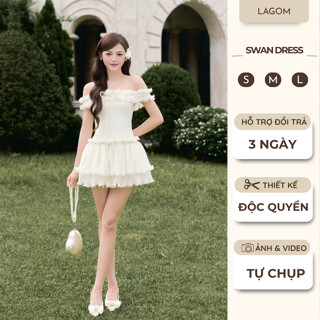   NEW COLLECTION  Đầm Trễ Vai Bèo Nhún Phối Nơ LAGOM Chất Tơ Nhũ Cao Cấp Ngọt Ngào Nữ Tính Swan Dress 